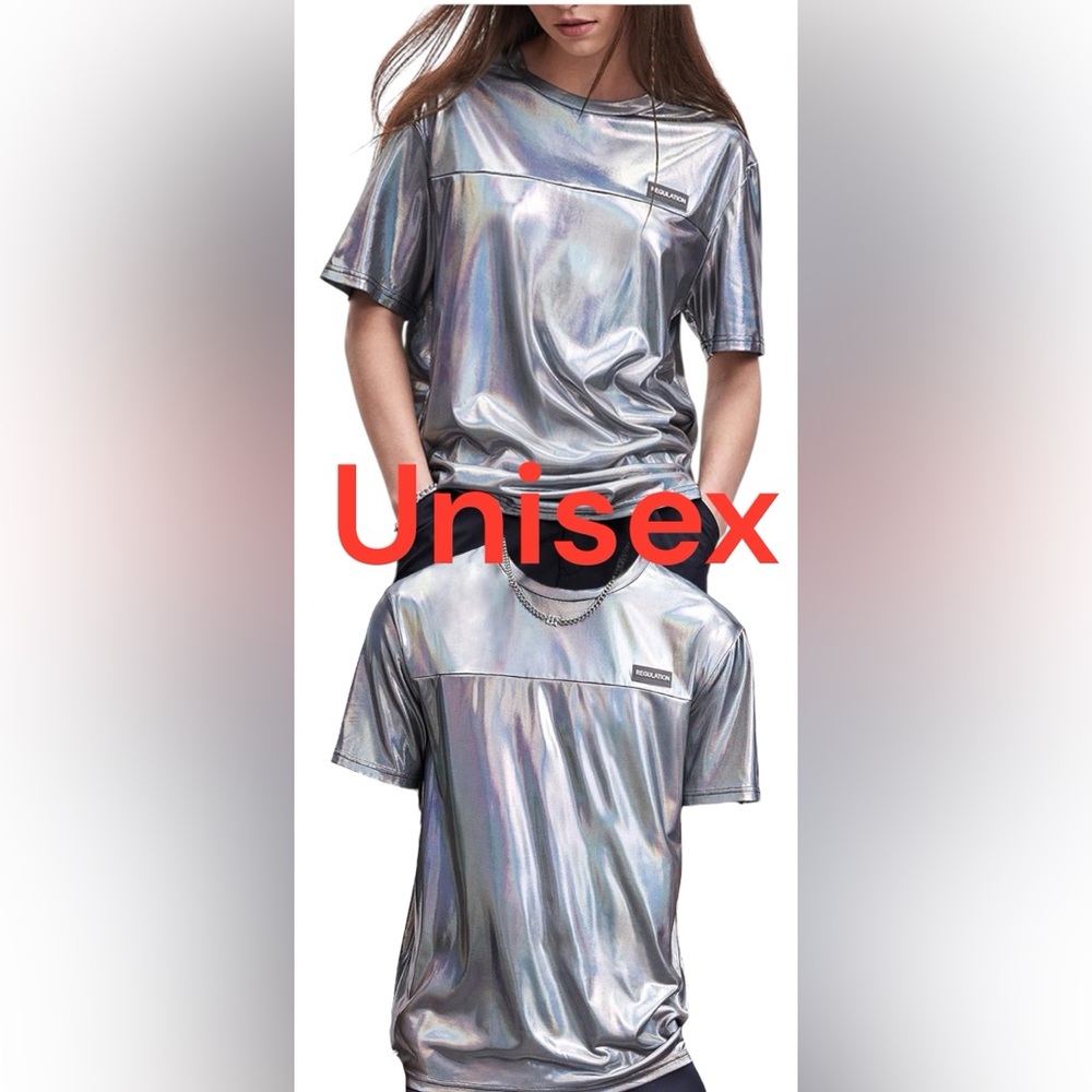 Regulation size small iridescent metallic silver short sleeve shirt futuristic
